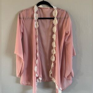 Pink Sheer Cardigan with Floral Trim